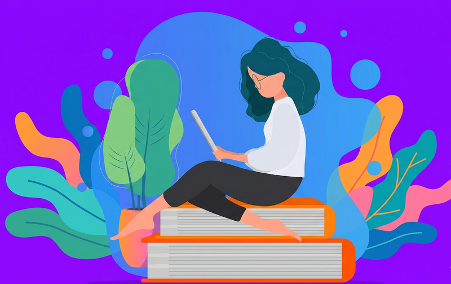 Student sitting on giant books illustration