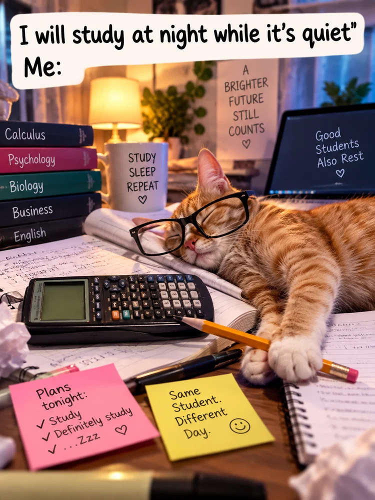I will study at night while it is quiet. Me: asleep at the desk.