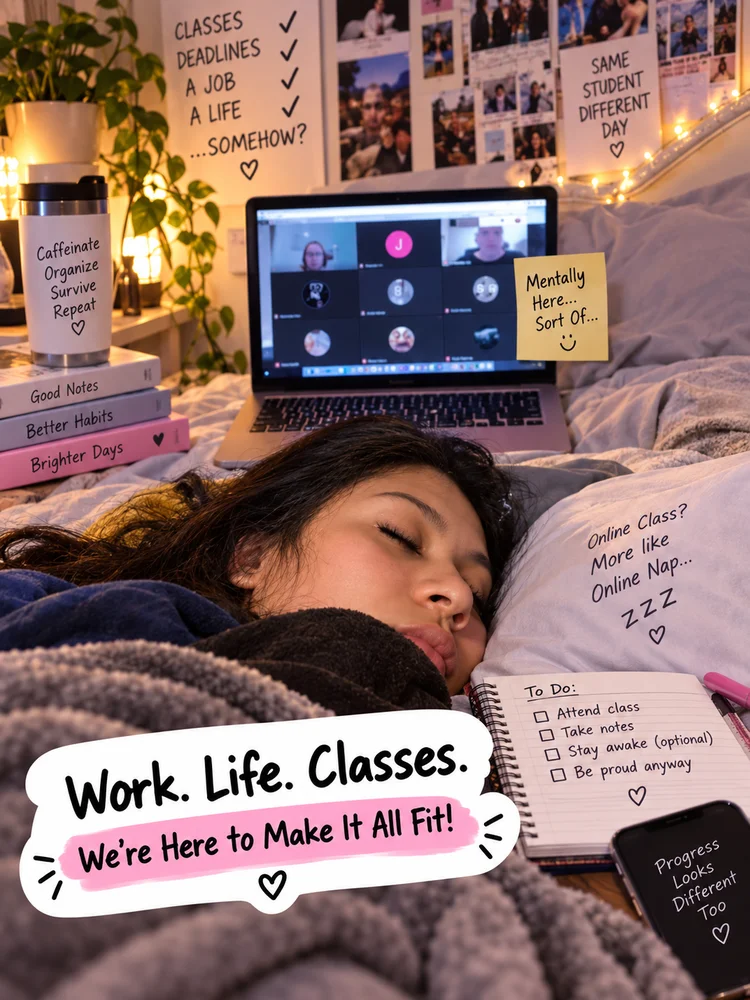 Online class, more like online nap. Work. Life. Classes.