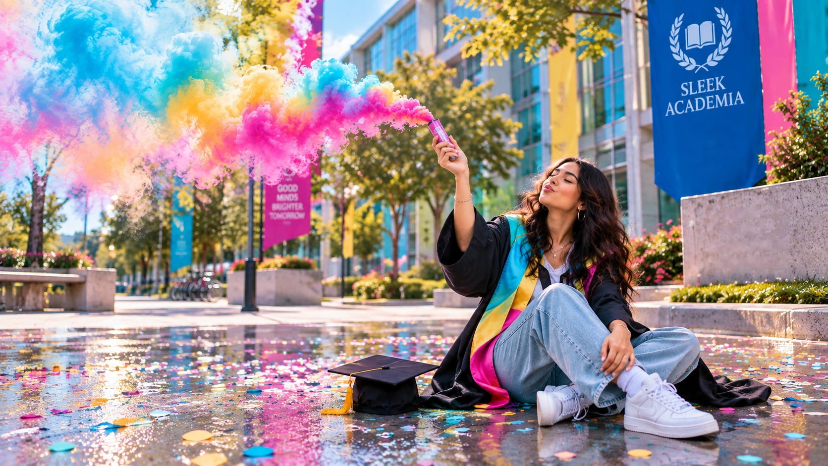 Graduate student celebrating achievement with colorful smoke